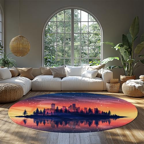 MOKOSAISE Architektur Waschbar Schlafzimmer Runde Fläche Teppiche Traumhafte Nachtansicht Weicher Rutschfester runder Teppich für Eingangsbereich Küche Zuhause Esszimmer Dekor 91cm（Runden） von MOKOSAISE