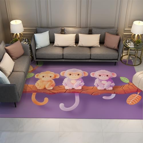 MOKOSAISE Blasslila Teppich für Wohnzimmer Kinderzimmer Küche Dekor DREI süße kleine Affen auf dem AST Rutschfester niedriger Flor dünner Teppich 140x180cm von MOKOSAISE