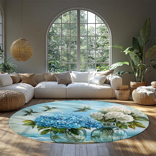 MOKOSAISE Blau Weiß Blumen Runder Teppich Vögel und Meer Waschbarer Rutschfester weicher Kreis Teppich für Wohnzimmer Foyer Küche Esszimmer Schlafzimmer Dekor 91cm（Runden） von MOKOSAISE