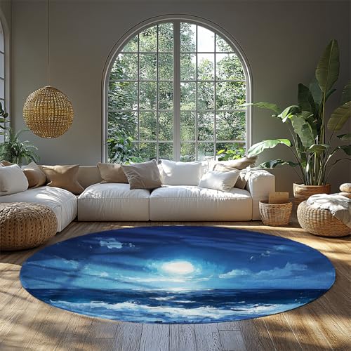 MOKOSAISE Blaue verträumte Landschaft waschbarer runder Teppich Gradient Style Seascape Rutschfester niedriger Flor Kreis Teppich für Zuhause Wohnen Büro Studie Esszimmer Dekor 183cm（Runden） von MOKOSAISE