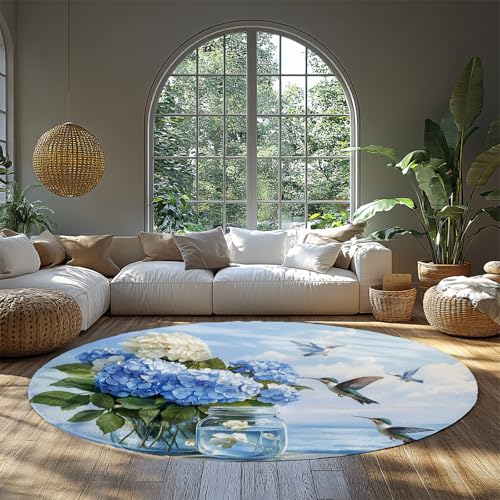 MOKOSAISE Blumen und Vögel Meer Waschbarer Kreis Teppich Blaue Hortensien Moderner Abstrakter runder Teppich für Wohn Esszimmer Büro Kinderzimmer Dekor 91cm（Runden） von MOKOSAISE