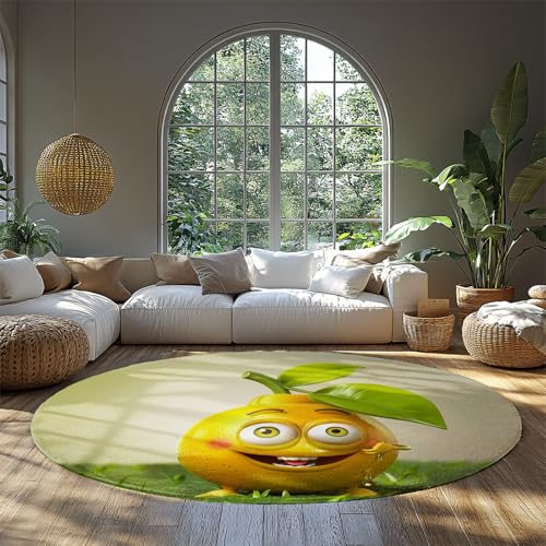 MOKOSAISE Boho Area Teppich Rund Cartoon Zitrone Throw Low-Pile Circle Teppich für Wohnzimmer Foyer Home Decor 244cm (rund) von MOKOSAISE