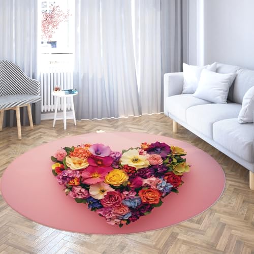 MOKOSAISE Bunte Blumen Rutschfester weicher runder Teppich botanisches Herzmuster waschbarer Kreisteppich für Wohnzimmer Zuhause Schlafzimmer Cafe Dekor 61cm（Runden） von MOKOSAISE