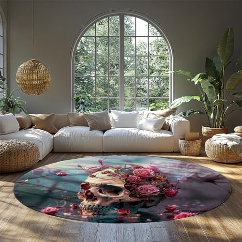 MOKOSAISE Bunte Blumen waschbar weicher niedrigfloriger Kreisteppich Vintage Schädel Rutschfester runder Teppich für Wohnzimmer Schlafzimmer Wohnkultur 244cm（Runden） von MOKOSAISE