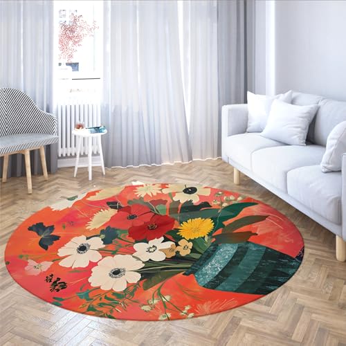 MOKOSAISE Bunte Blumen waschbarer runder Teppich niedriger Flor rutschfeste Blumen und Vasen Runder Teppich für Wohnzimmer Zuhause Studium Esszimmer Büro Dekor 61cm（Runden） von MOKOSAISE