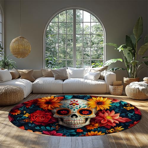 MOKOSAISE Bunte Ringelblume Zucker Schädel Waschbarer Kreis Teppich Gothic Skelett Blume Runde Fläche Teppich für Küche Schlafzimmer Wohnzimmer Wohnkultur 244cm（Runden） von MOKOSAISE