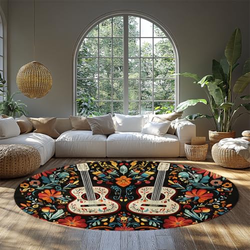 MOKOSAISE Bunte Rose Blumen Runder Teppich Cartoon Gothic Gitarre Muster Rutschfester waschbarer Kreis Teppich für Esszimmer Foyer Schlafzimmer Wohnkultur 183cm（Runden） von MOKOSAISE