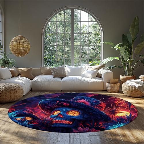 MOKOSAISE Bunte Skelett Blumen waschbarer runder Bereich Teppich mexikanischer Zucker Schädel Ringelblumen Kreis Teppich für Wohnen Eingangsbereich Esszimmer Wohnkultur 183cm（Runden） von MOKOSAISE