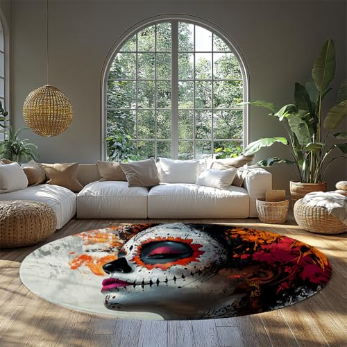 MOKOSAISE Bunte Totenkopf Porträts weicher runder Bereich Teppich mexikanischer Tag des Toten Kreises Teppich für Wohnzimmer Küche Badezimmer Wohnkultur 213cm（Runden） von MOKOSAISE