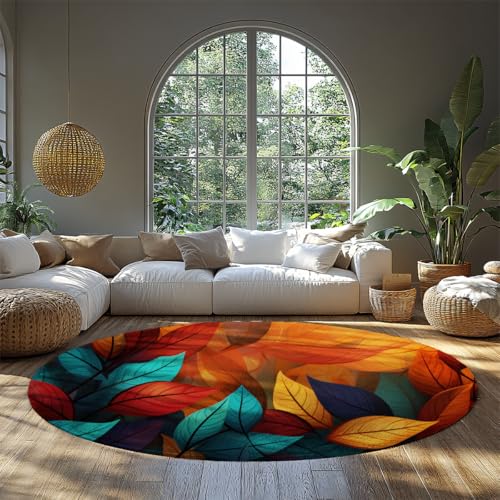 MOKOSAISE Bunter Blatt runder waschbarer Bereichsteppich weiche Tropische Pflanze Rutschfester Eingangsbereich Kreisförmiger Teppich für Schlafzimmer Wohnzimmer Esszimmer Dekor 183cm（Runden） von MOKOSAISE