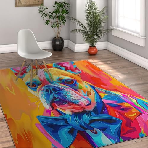 MOKOSAISE Bunter Graffiti-Kunstteppich für Wohnzimmer Schlafzimmer Küchendekoration EIN Hund trägt einen Anzug und bindet eine Schleife Rutschfester dünner Teppich mit niedrigem Flor 100x200cm von MOKOSAISE