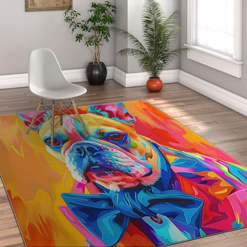 MOKOSAISE Bunter Graffiti-Kunstteppich für Wohnzimmer Schlafzimmer Küchendekoration EIN Hund trägt einen Anzug und bindet eine Schleife Rutschfester dünner Teppich mit niedrigem Flor 160x200cm von MOKOSAISE