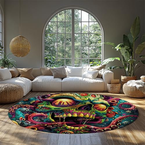 MOKOSAISE Bunter Totenkopf Rutschfester runder Teppich Horror Grotesker weicher niedriger Florteppich für Wohnzimmer Küche Schlafzimmer Kinderzimmer 91cm (runden) von MOKOSAISE