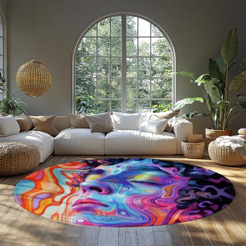 MOKOSAISE Bunter fließender Stil Rutschfester Kreisteppich Abstraktes Porträt Moderner waschbarer runder Teppich für Schlafzimmer Wohnzimmer Zuhause Wohnheim Dekor 61cm（Runden） von MOKOSAISE