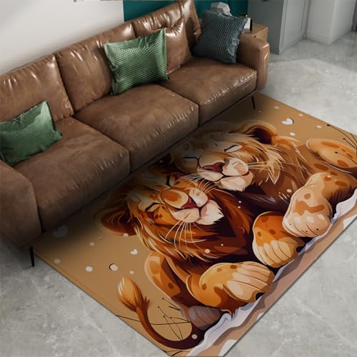 MOKOSAISE Cartoon Anime Teppich für Wohnzimmer Schlafzimmer Küche Dekor Zwei liebende Löwenpaare Rutschfester niedriger Flor waschbarer großer Nachttischteppich 180x300cm von MOKOSAISE
