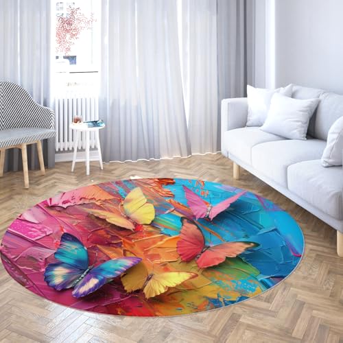 MOKOSAISE Cartoon Tiere Runde Fläche Teppich Bunt Schmetterling Waschbar Weicher niedrig Flor Kreis Teppich für Schlafzimmer Esszimmer Bauernhaus Büro 91cm（Runden） von MOKOSAISE