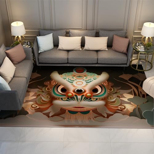 MOKOSAISE Chinesischer Stil Teppich für Wohnzimmer Schlafzimmer Küche Dekor China-Chic Stil 3D Löwenkopf Rutschfester niedriger Flor Deck Terrasse dünner Teppich 60x90cm von MOKOSAISE