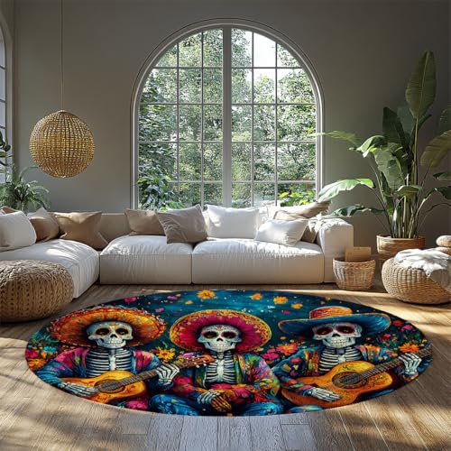 MOKOSAISE Country Gitarre Skelett Rutschfester Zirkulärer Teppich Gothic Horror Musik Totenkopf Waschbarer runder Teppich für Eingangsbereich Esszimmer Foyer Schlafzimmer 122cm（Runden） von MOKOSAISE