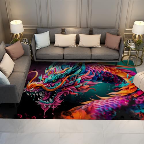 MOKOSAISE Cyberpunk-Stil Teppich für Wohnzimmer Schlafzimmer Küche Dekor Cartoon Farbiger kühler Drache Rutschfester niedrigfloriger Esszimmer dünner Teppich 100x200cm von MOKOSAISE