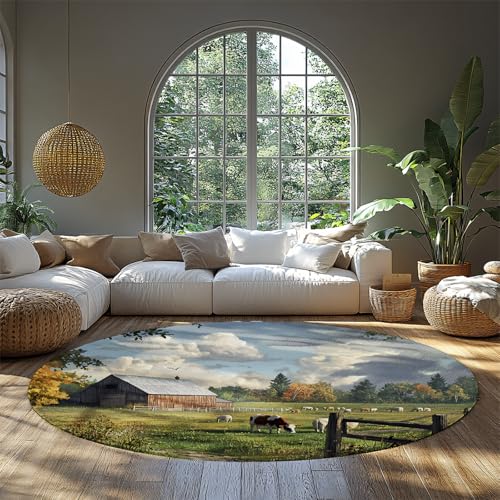 MOKOSAISE Dorfszenerie Runder Bereich Teppich Entspannter Stil Waschbarer Kreis Weicher Rutschfester Teppich für Schlafzimmer Eingangsbereich Kinderzimmer Wohnen Wohnkultur 61cm（Runden） von MOKOSAISE