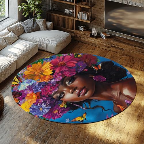 MOKOSAISE Elegante Schwarze Frau waschbare Kreisteppiche Blume und Schönheit runder Teppich für Schlafzimmer Schlafsaal Küche Veranda Wohnzimmer Zuhause Kaffee Dekor 61cm（Runden） von MOKOSAISE