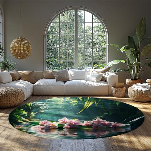 MOKOSAISE Elegante rosa Orchidee Kreis Teppiche Romantische Blumen botanischer Rutschfester runder Teppich für Schlafzimmer Zuhause Eingangsbereich Wohnküche Dekor 91cm（Runden） von MOKOSAISE