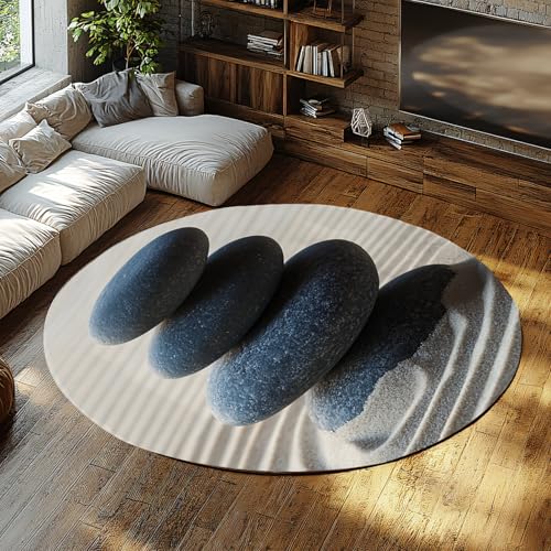 MOKOSAISE Entspannung Ruhe Rutschfester kreisförmiger Teppich Sand Steine Kreis Teppich für Schlafzimmer Büro unter Esstisch Arbeitszimmer Dekor 61cm（Runden） von MOKOSAISE