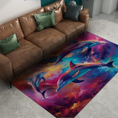 MOKOSAISE Fantasy Cartoon Teppich für Wohnzimmer Kinderzimmer Küche Dekor Bunt Graffiti Niedlicher Delfin Rutschfester Low Pile Entry Dünner Teppich 100x200cm von MOKOSAISE