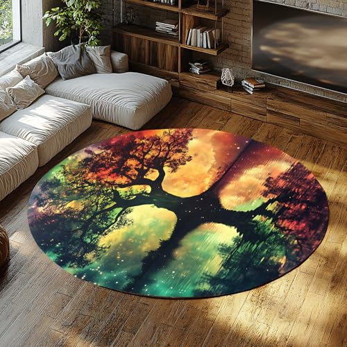 MOKOSAISE Four Seasons Baum niedrigfloriger waschbarer Kreisteppich Mysteriöser botanischer weicher runder Teppich für Schlafzimmer Zuhause Wohnzimmer Esszimmer Dekor 91cm（Runden） von MOKOSAISE