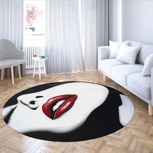 MOKOSAISE Frau Rote Lippen Waschbarer Rutschfester Kreis Teppich Schwarz und Weiß Porträt Weicher Runder Teppich für Wohnzimmer Home Cafe Schlafzimmer Dekor 61cm（Runden） von MOKOSAISE