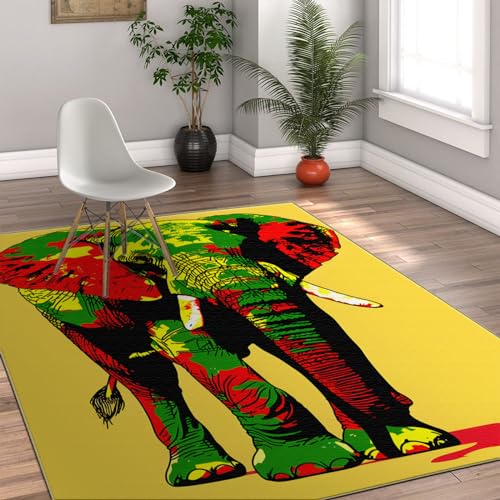 MOKOSAISE Gelber Teppich für Wohnzimmer Schlafzimmer Küche Wohnkultur Bunte Graffiti Elefant Rutschfester niedriger Flor Flur Faltbarer dünner Teppich 180x300cm von MOKOSAISE