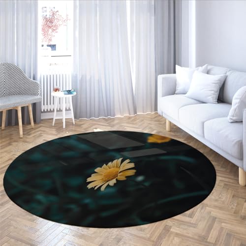 MOKOSAISE Gelbes Gänseblümchenmuster runder Teppich Blume und grüner botanischer Kreisteppich für Schlafzimmer Zuhause Esszimmer Cafe Küche Dekor 183cm（Runden） von MOKOSAISE