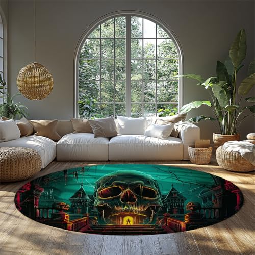 MOKOSAISE Gothic Horror Schloss Runde Fläche Teppich Skelett Weich waschbar Kreis Teppich faltbar für Wohnzimmer Schlafzimmer Halloween Wohnkultur 91cm（Runden） von MOKOSAISE