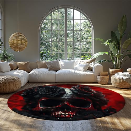 MOKOSAISE Gothic Totenkopf Rose Blumen Rutschfester runder Teppich roter und schwarzer waschbarer Kreisteppich für Eingangsbereich Schlafzimmer Wohnen Büro Dekor 244cm（Runden） von MOKOSAISE