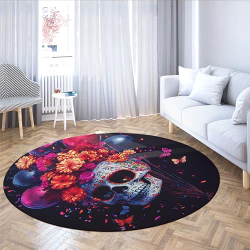 MOKOSAISE Gothic Zuckerschädel Waschbarer runder Teppich Horror Schädel Bunte Blume Kreis Bereich Teppich für Wohnzimmer Esszimmer Schlafzimmer Wohnkultur 244cm（Runden） von MOKOSAISE