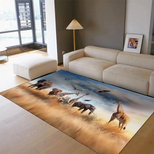 MOKOSAISE Großer Teppich für Wohnzimmer Schlafzimmer Küche Dekor Afrikanisches Grasland Elefanten Giraffen Löwen Rutschfester Niederflor Klassenzimmer Dünner Teppich 140x180cm von MOKOSAISE