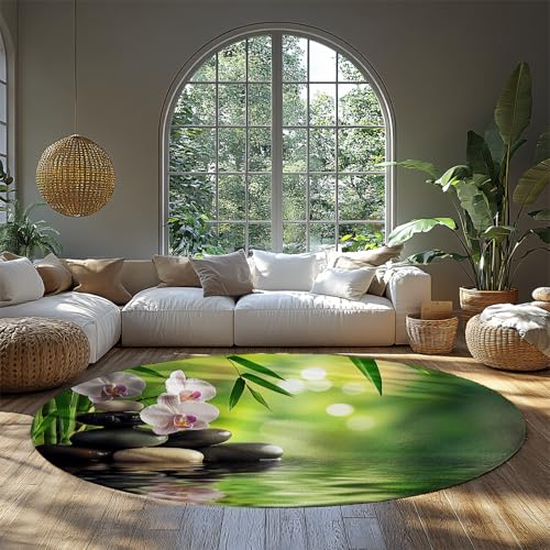 MOKOSAISE Grüner Bambus Orchidee Waschbarer runder Teppich Blumen Wasserstein Rutschfester runder Teppich für Schlafzimmer Esszimmer Büro Dekor 61cm（Runden） von MOKOSAISE