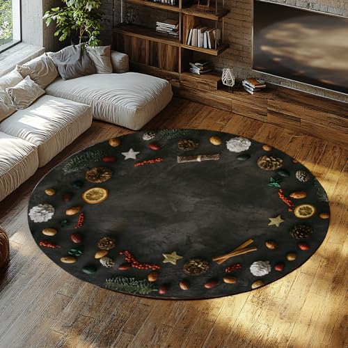 MOKOSAISE Grüner Kiefernbaum Muster Kreis Bereich Teppich Weihnachten niedrig Flor waschbar Weicher runder Teppich für Wohnzimmer Schlafzimmer Esszimmer Dekor Boden 122cm（Runden） von MOKOSAISE