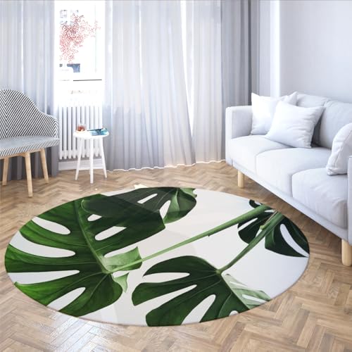 MOKOSAISE Grünes Blatt weicher runder waschbarer Flächenteppich Tropical Monstera Pflanze Rutschfester runder Teppich für Wohnzimmer Esszimmer Büro Dekor 213cm（Runden） von MOKOSAISE
