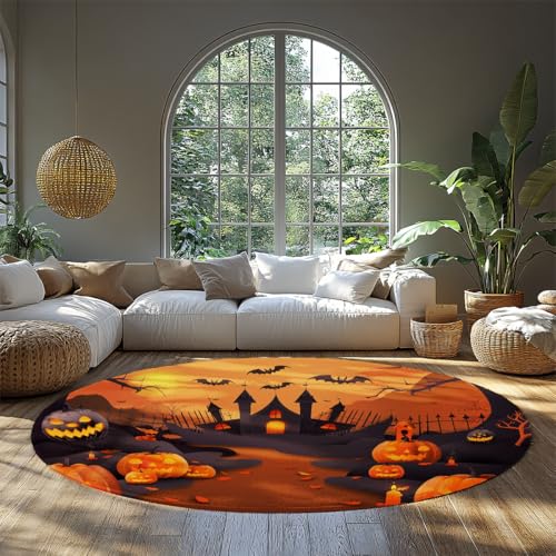 MOKOSAISE Halloween Fledermaus Schloss Kreis Bereich Teppich Cartoon Kürbis Laterne Weicher waschbarer runder Teppich für Wohnzimmer Schlafzimmer Zuhause Esszimmer Dekor 91cm（Runden） von MOKOSAISE
