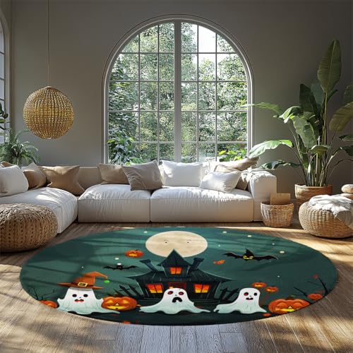 MOKOSAISE Halloween Ghost waschbarer Rutschfester runder Teppich gruseliges Schloss Fledermäuse Kürbislaterne weicher Kreis Bereich Teppich für Wohnzimmer Schlafzimmer Dekor 91cm（Runden） von MOKOSAISE