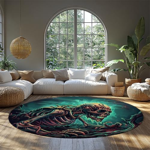 MOKOSAISE Halloween Gothic waschbarer Skelett Kreis Bereich Teppich Horror Schädel weicher niedriger Flor runder Teppich für Wohnzimmer Schlafzimmer Zuhause Boden Dekor 152cm（Runden） von MOKOSAISE