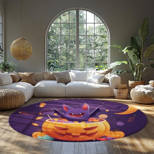 MOKOSAISE Halloween Kürbis Laterne Weicher runder Bereich Teppich Lila Fledermaus Muster Rutschfester Kreis Teppich für Wohnzimmer Schlafzimmer Home Cafe Dekor 91cm（Runden） von MOKOSAISE