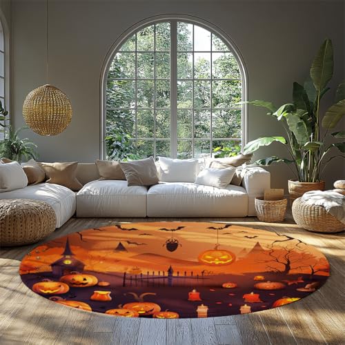 MOKOSAISE Halloween-Thema Runder Bereich Teppich Cartoon Kürbis Laterne Weicher waschbarer Kreis Teppich für Wohnzimmer Schlafzimmer Zuhause Boden Dekor 122cm（Runden） von MOKOSAISE
