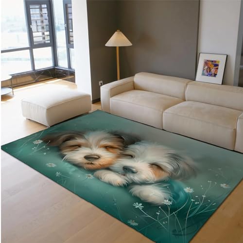 MOKOSAISE Heilungsstil Großer Teppich für Wohnzimmer Kinderzimmer Küche Dekor Zwei süße kleine Hunde Rutschfester niedriger Flor Kinderzimmer dünner Teppich 140x200cm von MOKOSAISE