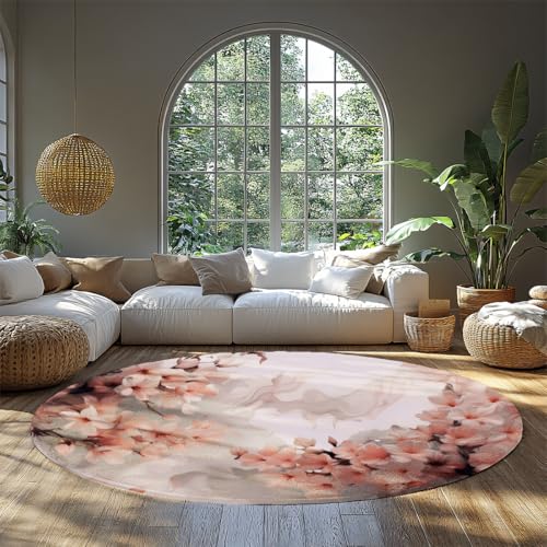 MOKOSAISE Japan Rosa Kirschblüten Weicher waschbarer runder Teppich Romantische Blumen rutschfeste Kreisteppiche für Wohnzimmer Schlafzimmer Eingangsbereich Esszimmer Dekor 213cm（Runden） von MOKOSAISE