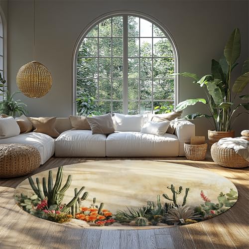 MOKOSAISE Kaktus botanisch waschbar runder Teppich gelb rote Blumen weicher großer Kreis Teppich für Schlafzimmer Wohnzimmer Küche Kinderzimmer Dekor 61cm（Runden） von MOKOSAISE