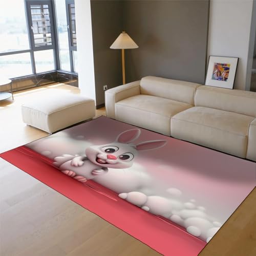 MOKOSAISE Kinder Rosa Teppich für Wohnzimmer Schlafzimmer Wohnkultur Niedliches Big Eyed Kaninchen Rutschfester maschinenwaschbarer ultradünner Kinderzimmerteppich 140x200cm von MOKOSAISE