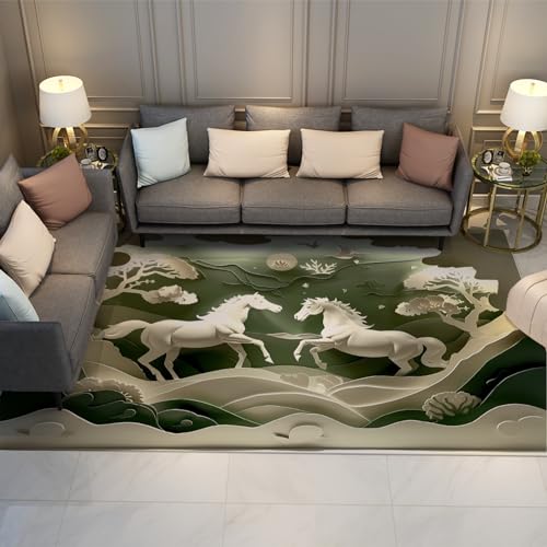 MOKOSAISE Kleiner Teppich für Wohnzimmer Schlafzimmer Küche Dekor Chinesisch 3D Scherenschnitte Stil Zwei Pferde Landschaft rutschfest Niedriger Flor Dünner Teppich 180x300cm von MOKOSAISE