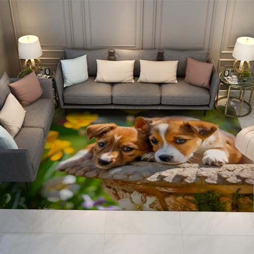 MOKOSAISE Ländliche Landschaft Teppich für Wohnzimmer Schlafzimmer Küche Dekor Zwei süße kleine Hunde im Garten Rutschfester niedrigfloriger Konferenzraumteppich 100x150cm von MOKOSAISE